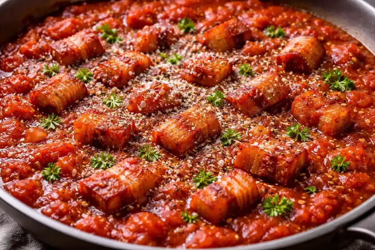 Amatriciana pasta s guanciale i rajčicama