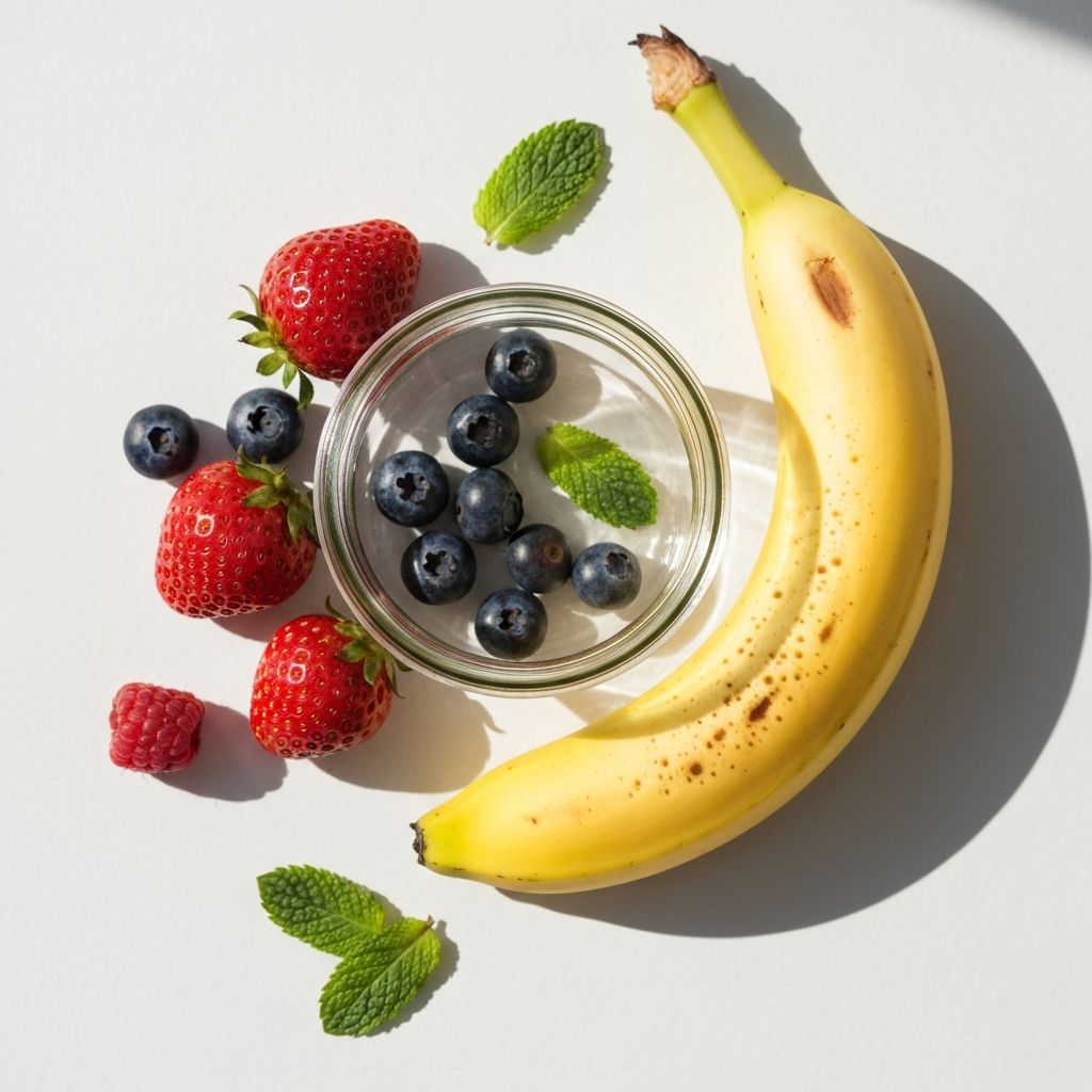Sastojci za smoothie oko blendera - voće, bobice i jogurt